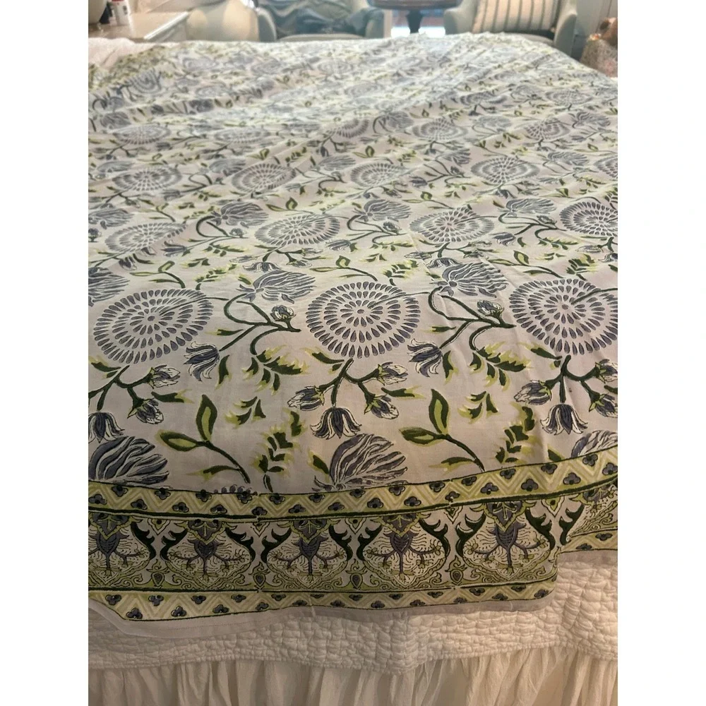 Natural Habitat Maya Blue Tablecloth 86 Round Cotton Hand Block Print India